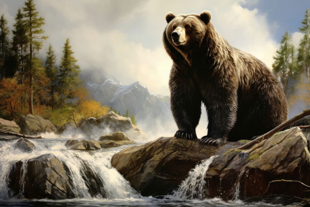 Big bear greeting waterfall wildlife outdoors.