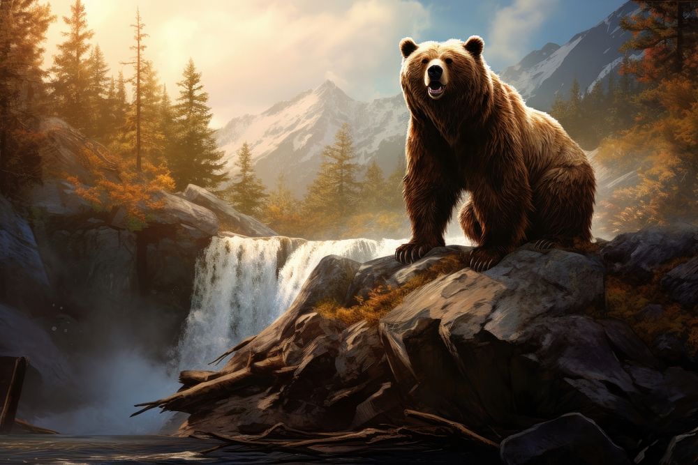 Big bear greeting waterfall outdoors mammal.