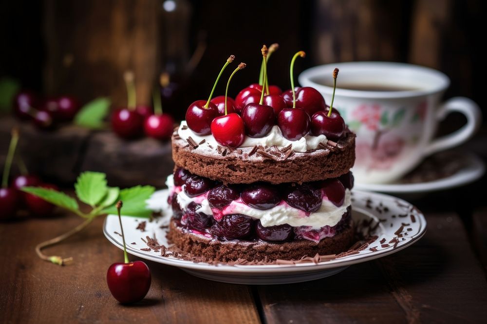 Black forest cake plate dessert cherry.