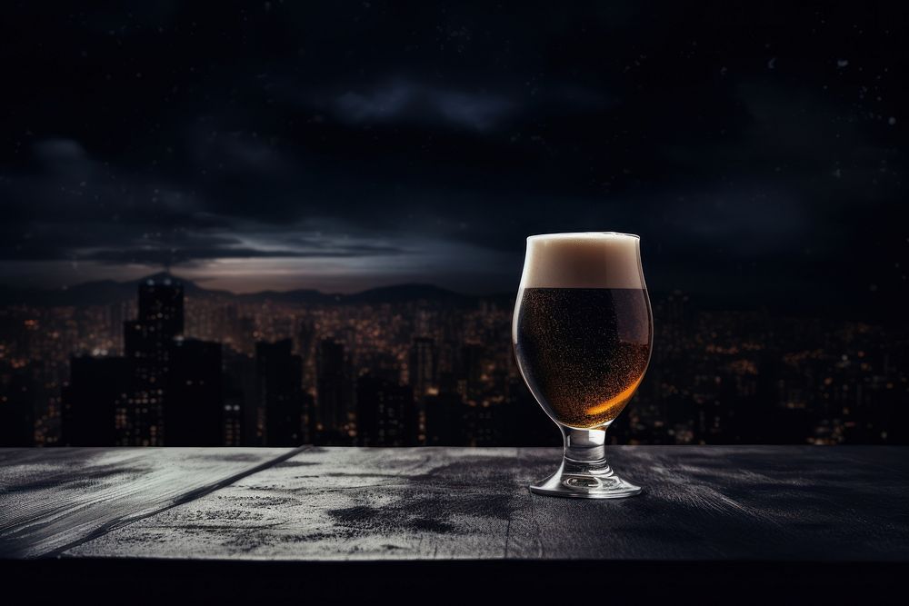 Craft beer with night rooftop drink glass architecture.