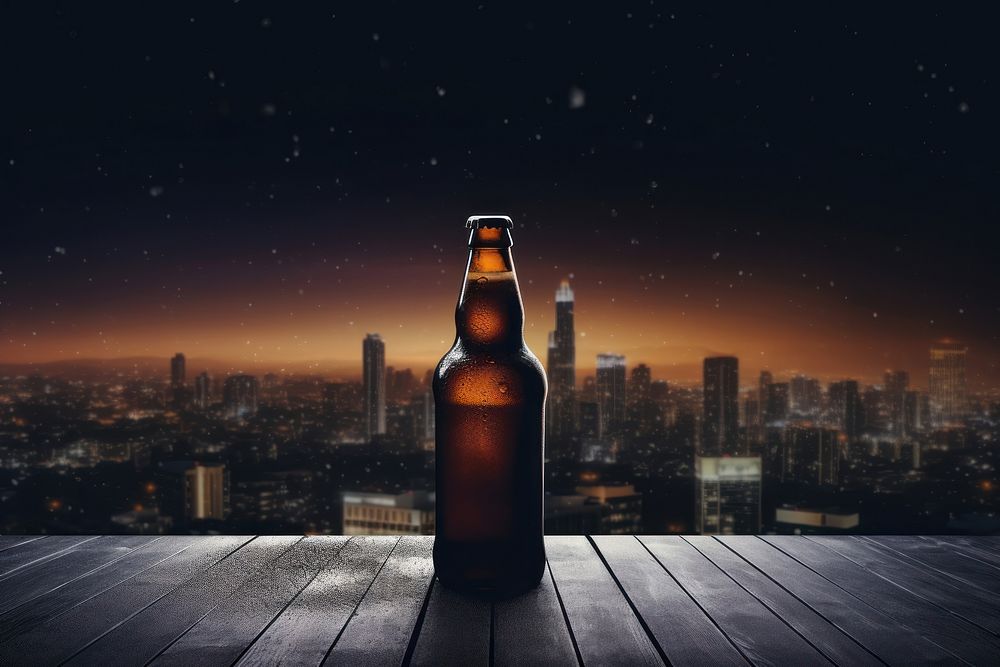 Craft beer with night rooftop architecture cityscape building.