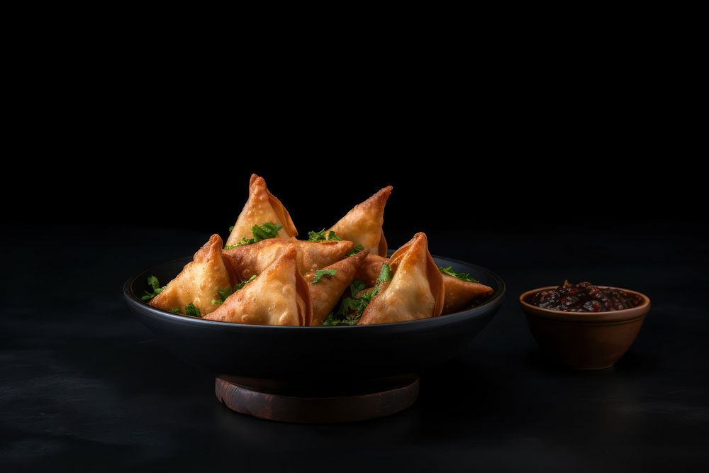 Samosa dish with empty space dessert food appetizer.