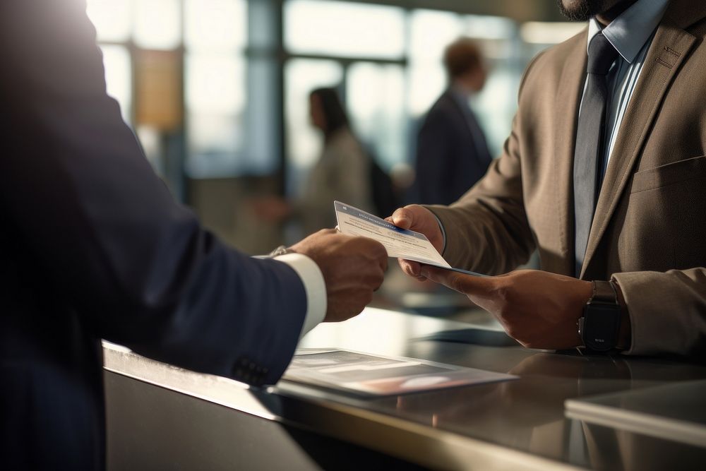 Businessman getting his boarding pass at check-in counter adult advertisement handshake.