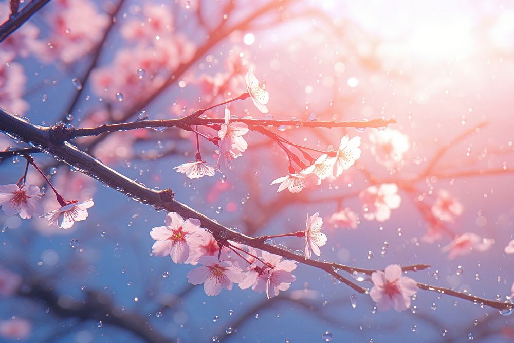 Cherry blossoms with dew flower outdoors nature.