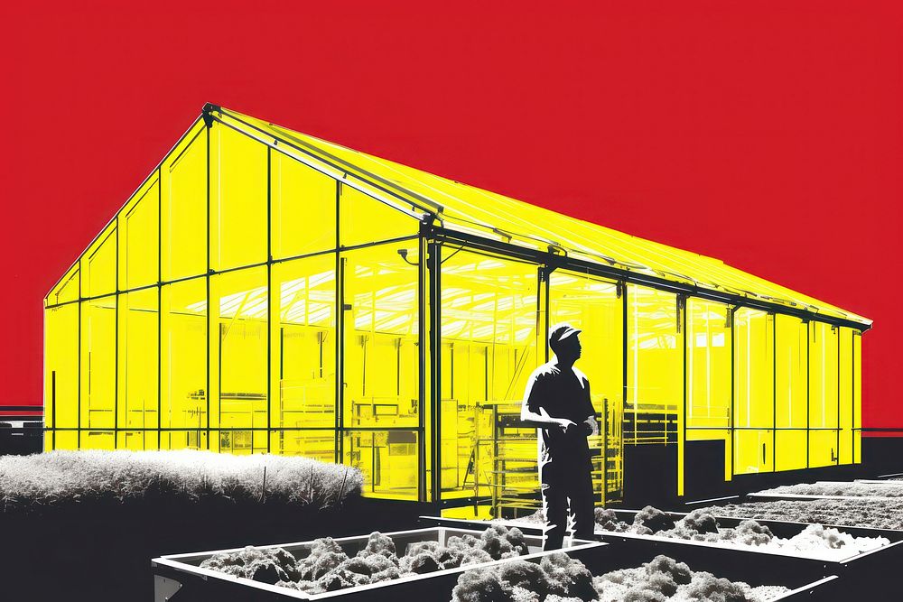 CMYK Screen printing yellow and red farmer architecture greenhouse line.