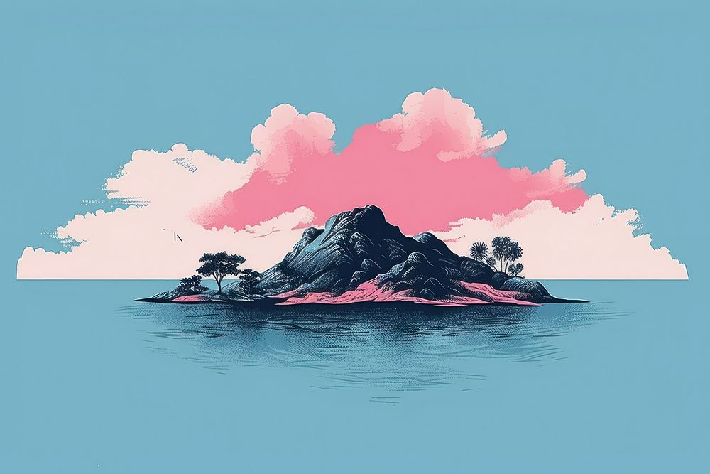 CMYK Screen printing blue and pink island mountain outdoors nature.