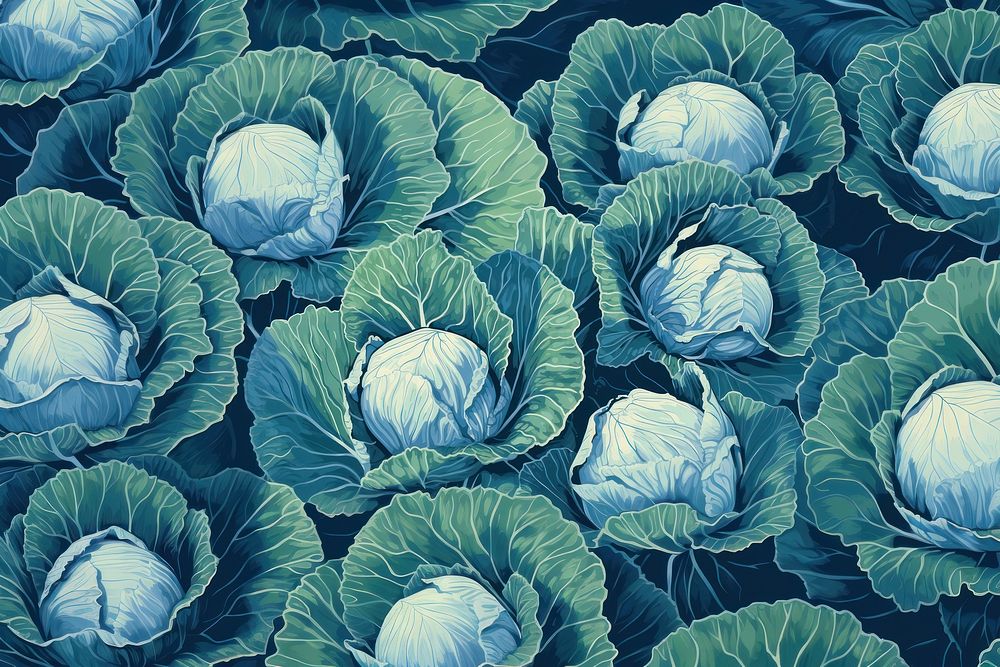 CMYK Screen printing green and blue cabbage backgrounds vegetable plant.