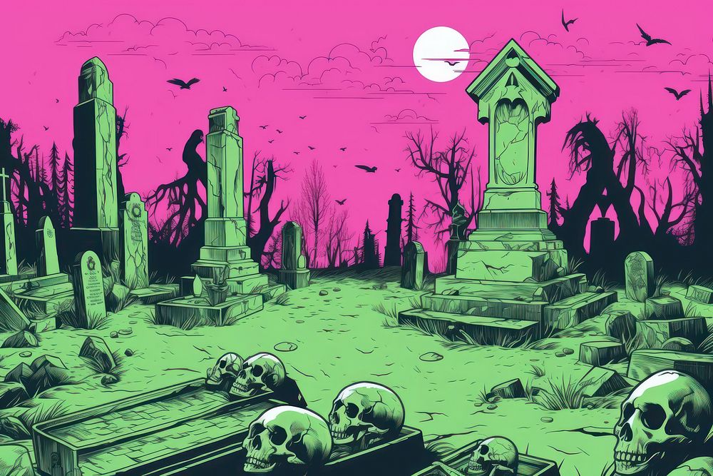 CMYK Screen printing green and pink graveyard outdoors cemetery architecture.