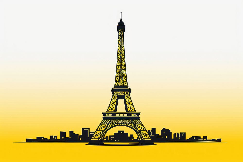 CMYK Screen printing of yellow and black effel tower architecture building landmark.