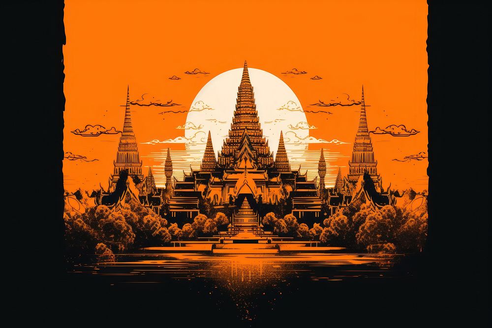 CMYK Screen printing orange and grey thai temple sky spirituality architecture.