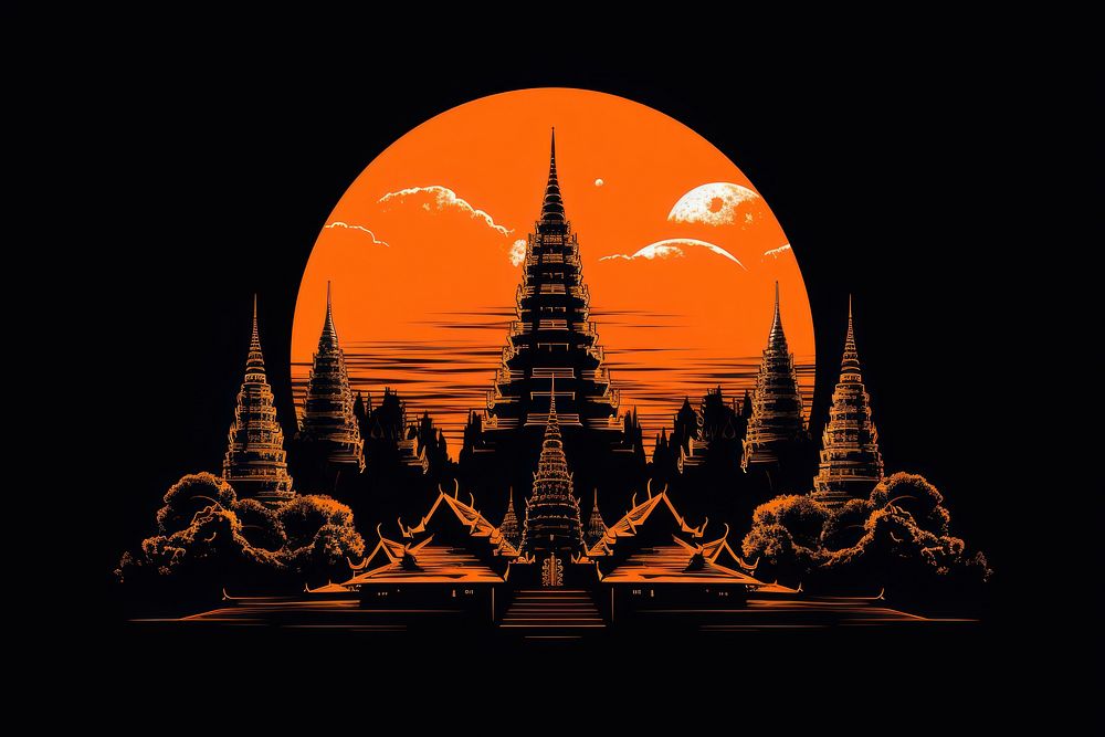 CMYK Screen printing orange and grey thai temple night sky spirituality.