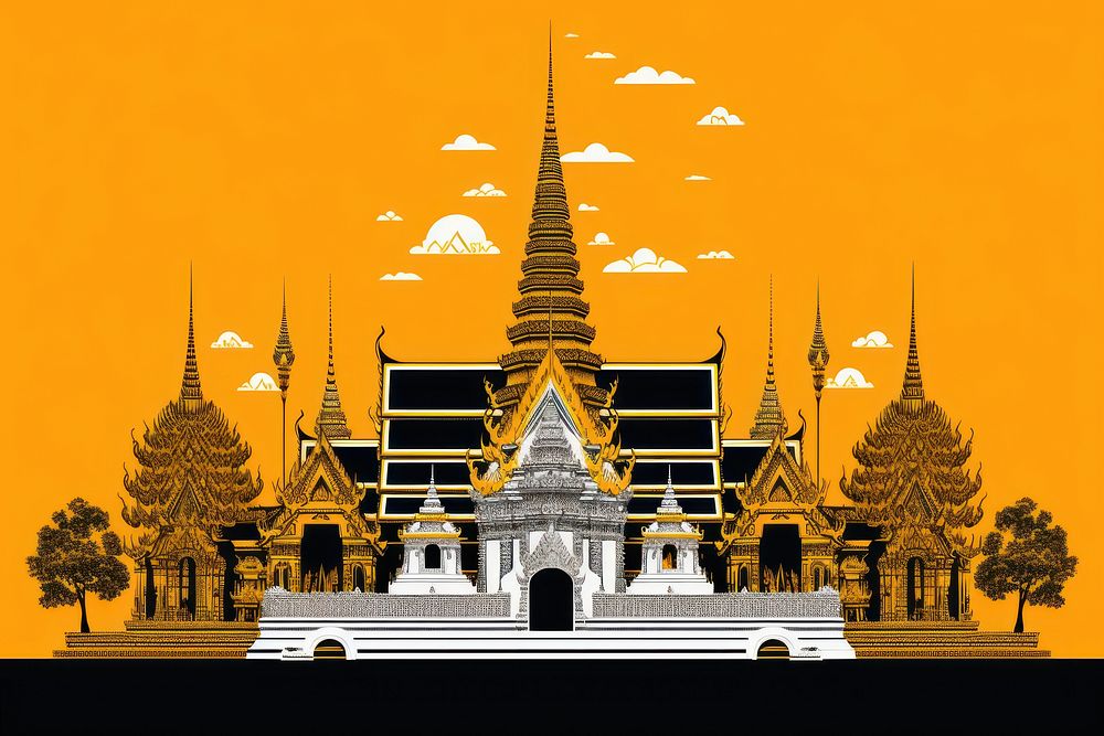 CMYK Screen printing orange and grey thai temple architecture building spirituality.