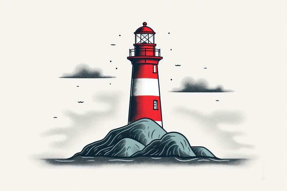 CMYK Screen printing red and grey lighthouse architecture tower assistance.