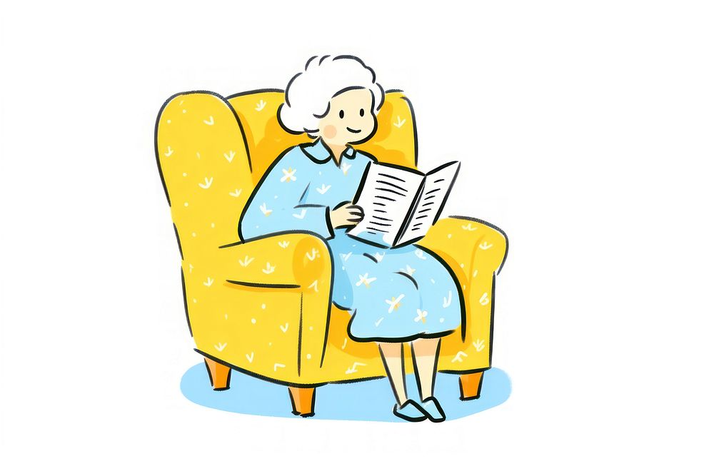 Doodle illustration old women sitting armchair reading furniture.