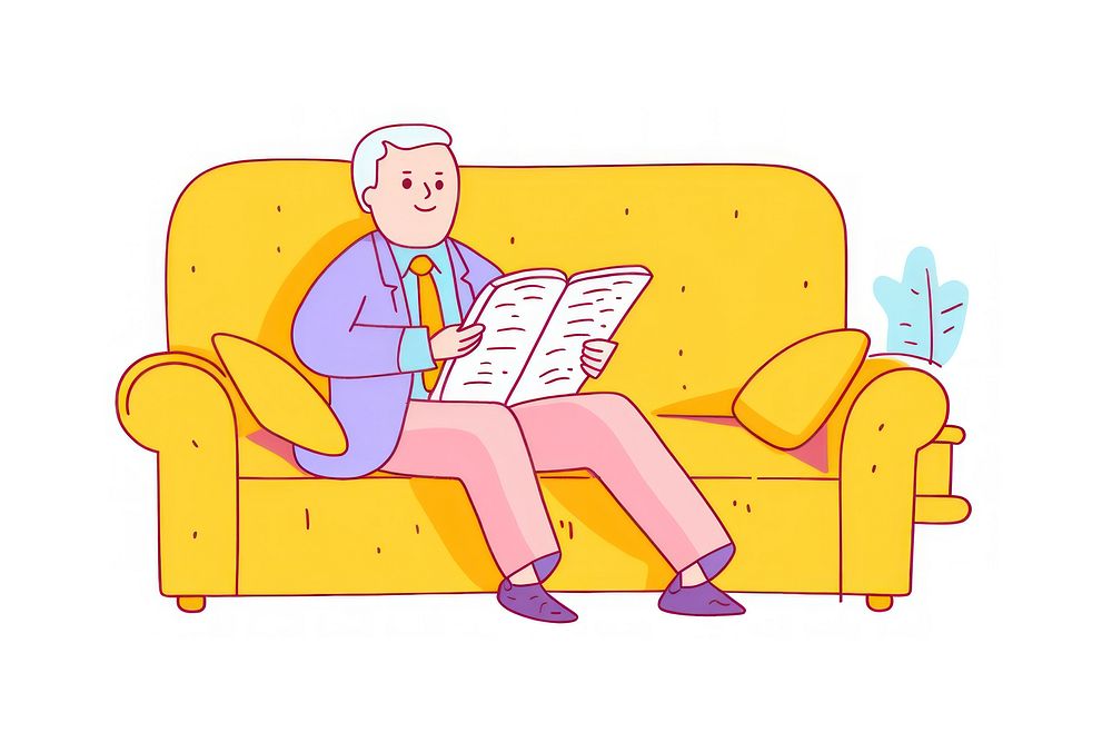 Doodle illustration old man sitting reading furniture cartoon.