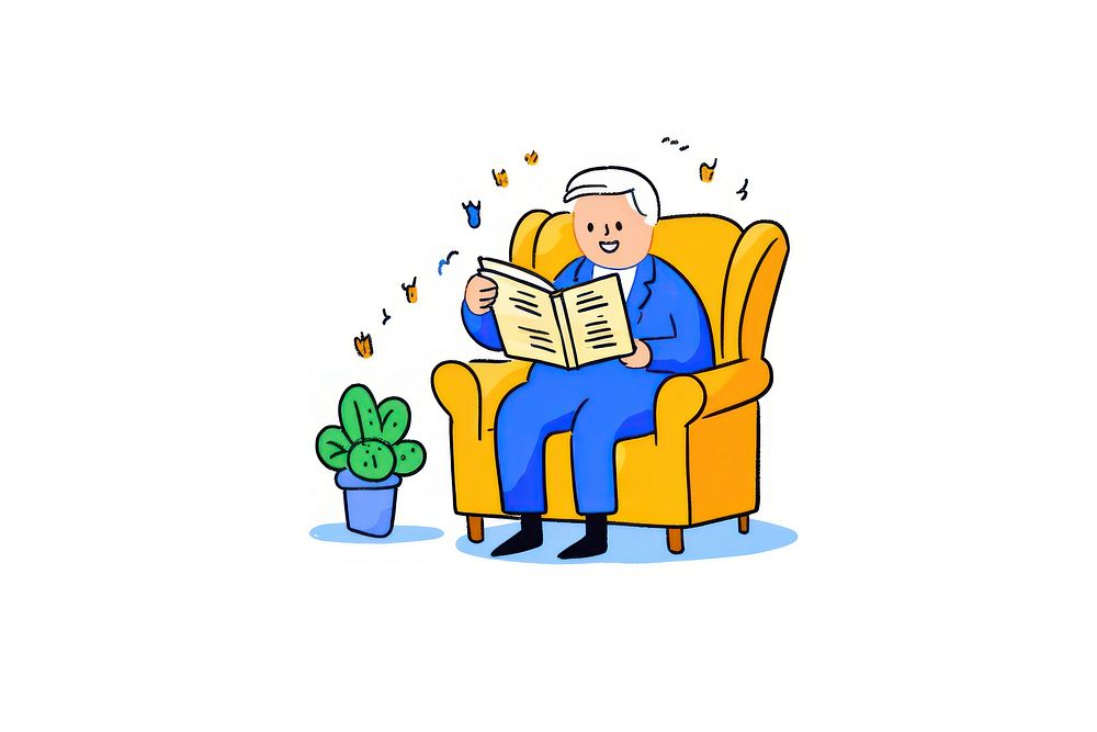 Doodle illustration old man sitting reading cartoon chair.