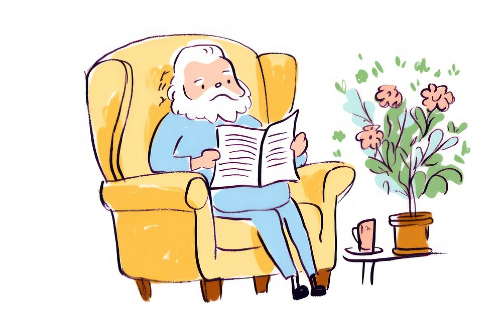 Doodle illustration old man sitting armchair reading furniture.