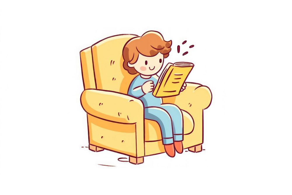 Doodle illustration adult boy sitting armchair reading cartoon.