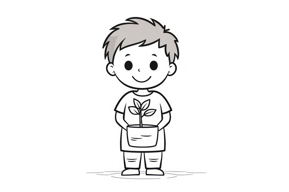 Kid holding potted plant drawing cartoon sketch.