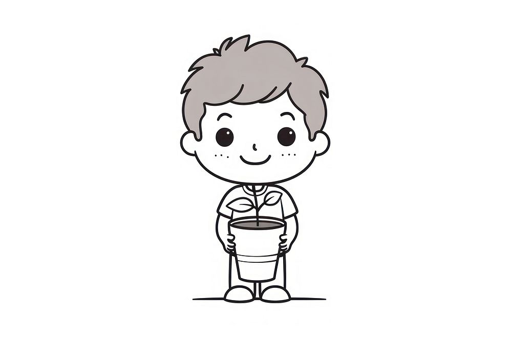 Kid holding potted plant drawing cartoon sketch.