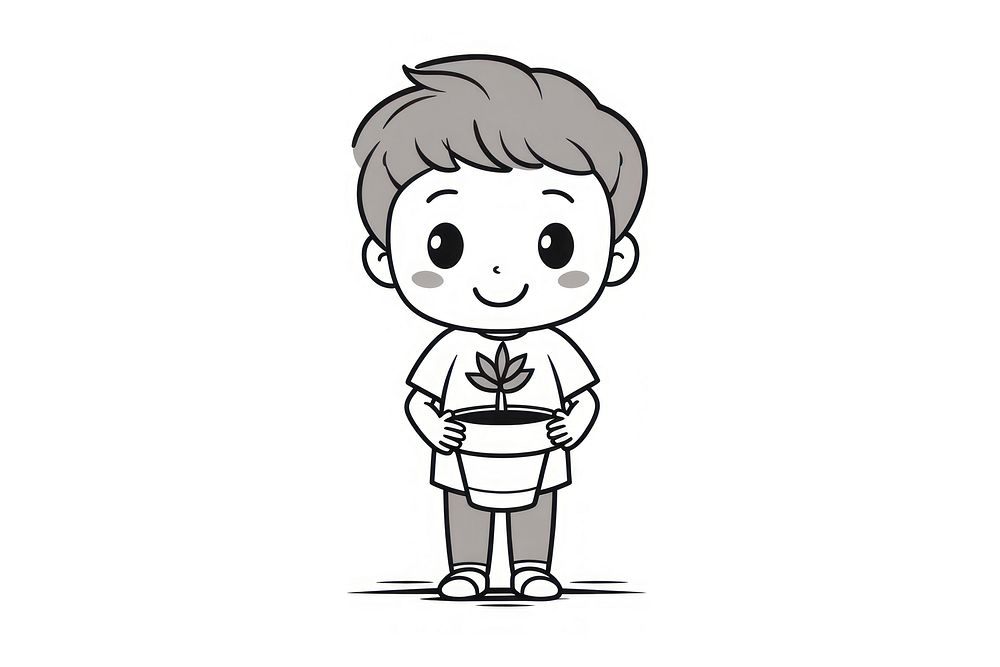 Kid holding potted plant cartoon drawing sketch.