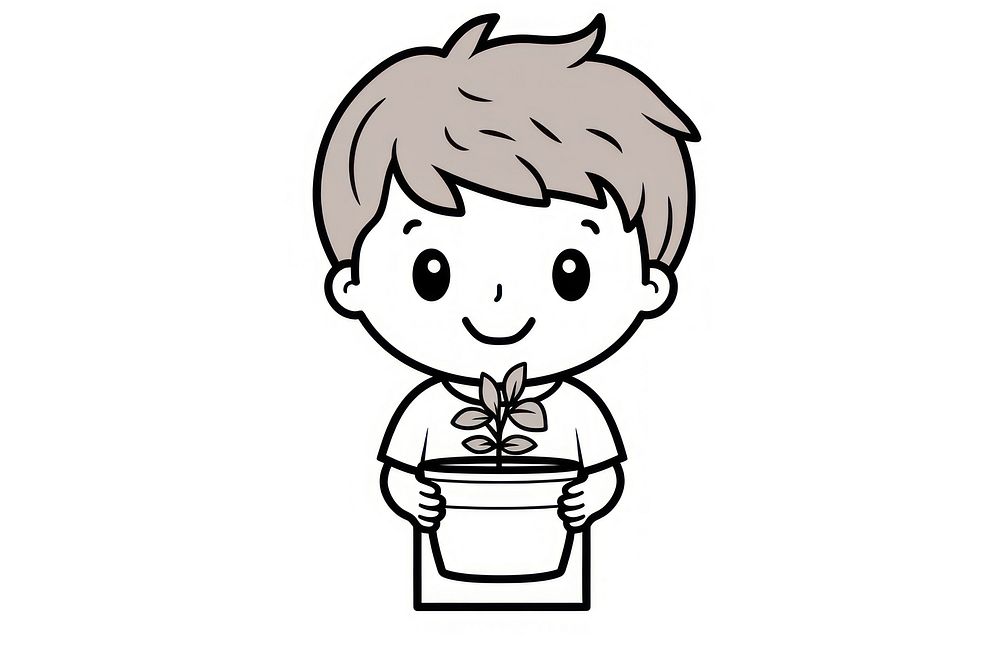 Kid holding potted plant drawing sketch doodle.
