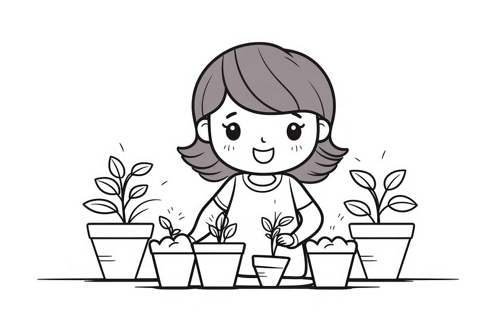 Mother planting drawing cartoon sketch.