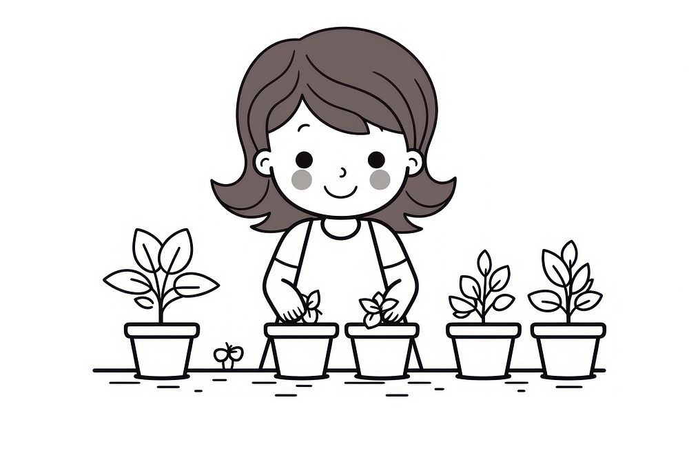 Mother planting drawing sketch cute.