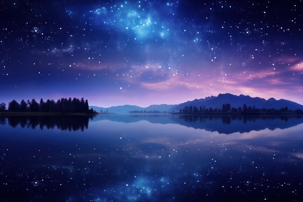 Lake with night galaxy landscape panoramic outdoors.