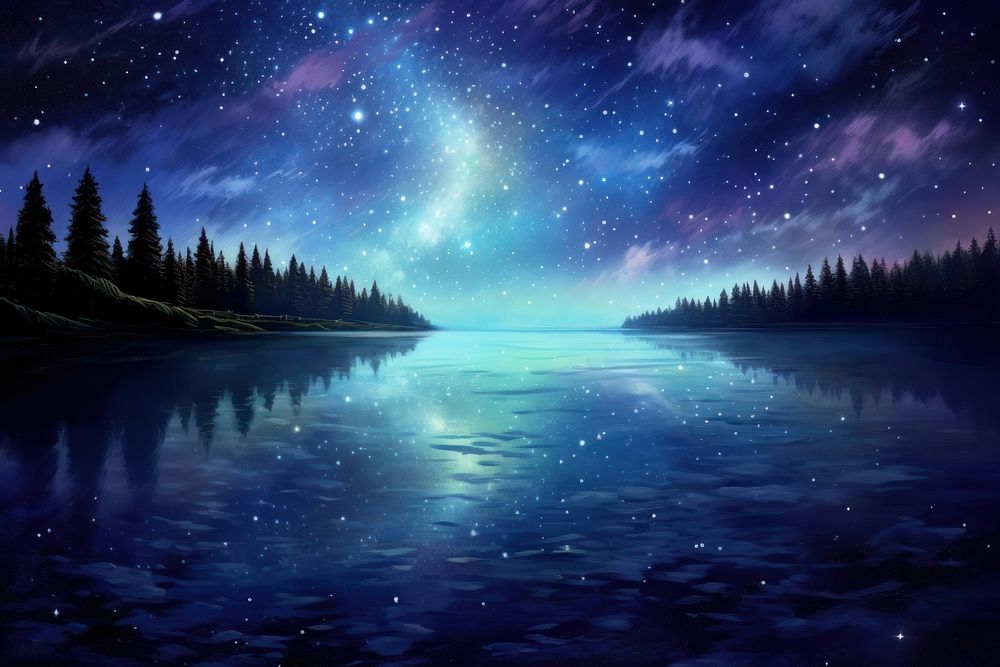 Lake with night galaxy landscape outdoors nature.