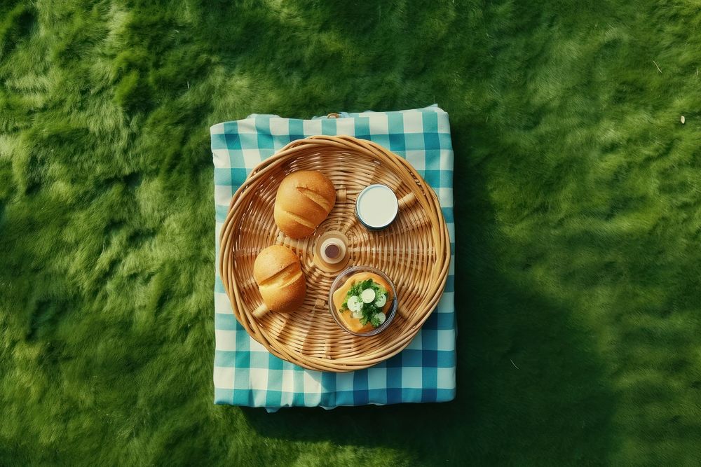 One basket picnic food tablecloth recreation.