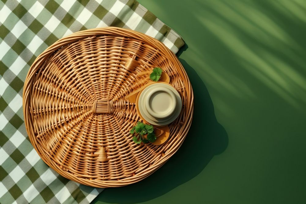 One basket picnic refreshment tablecloth recreation.