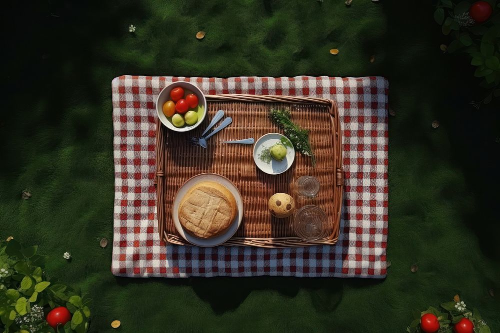 One basket picnic plate plant food.