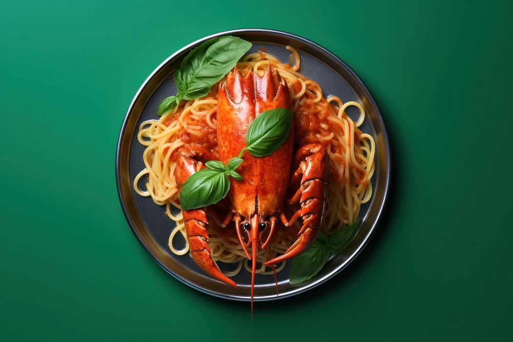 Spagetti lobster in a metal plate spaghetti seafood pasta.