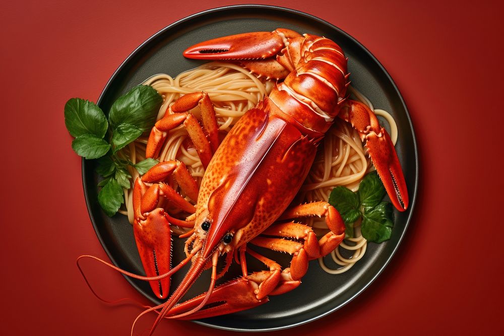Spagetti lobster in a metal plate seafood meal dish.