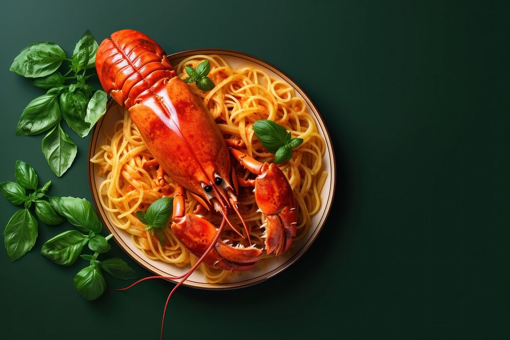 Spagetti lobster in a metal plate seafood dish invertebrate.