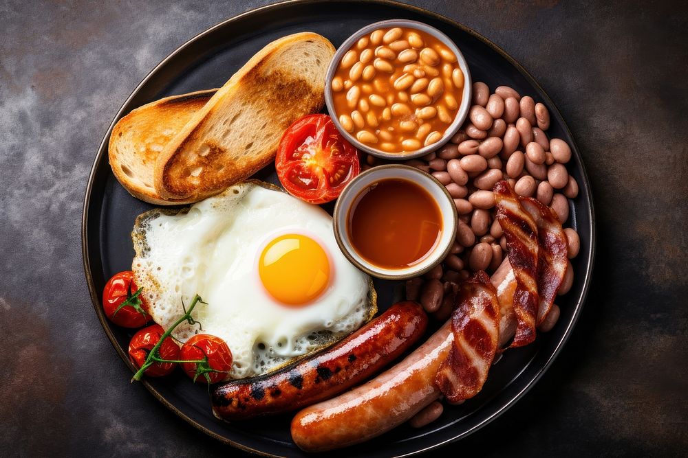 English food English breakfast egg sausage.