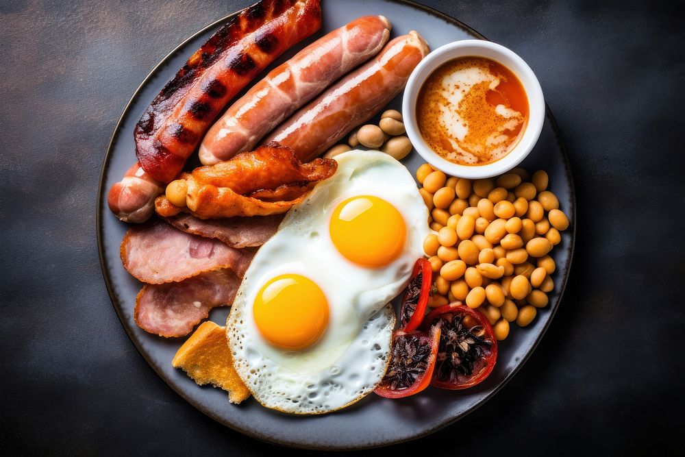 English food English breakfast egg sausage.