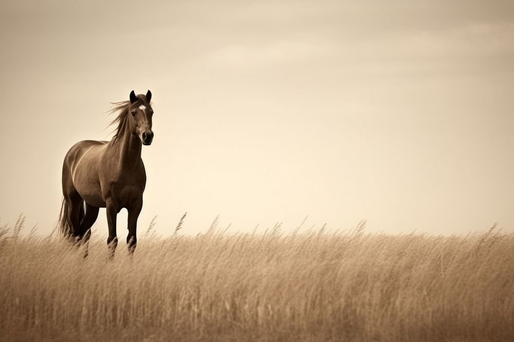 Horse on field grassland stallion outdoors.