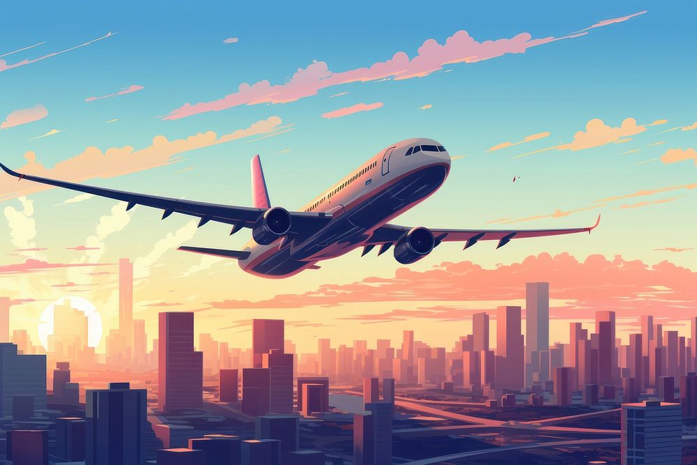 City background with an airplane flying over aircraft airliner vehicle.