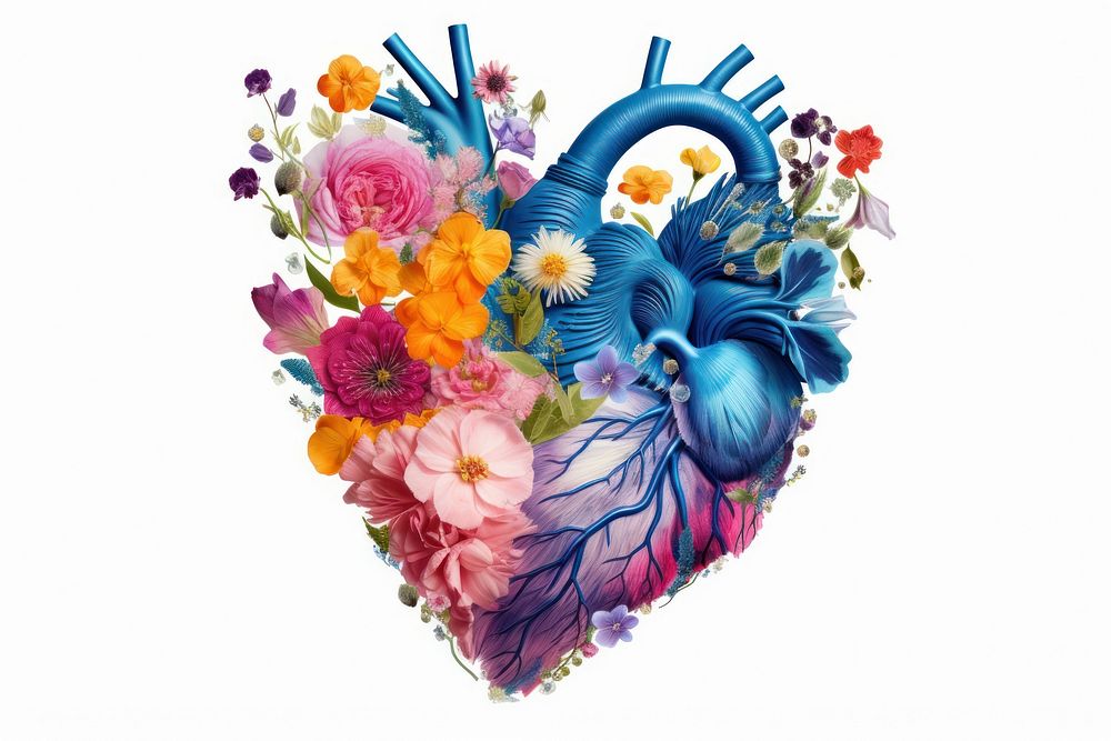 Heart collage photo flowers and half minimal line art plant white background creativity.