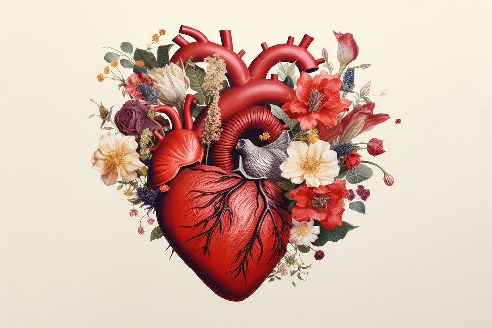 Heart collage photo flowers and half minimal line art antioxidant creativity graphics.