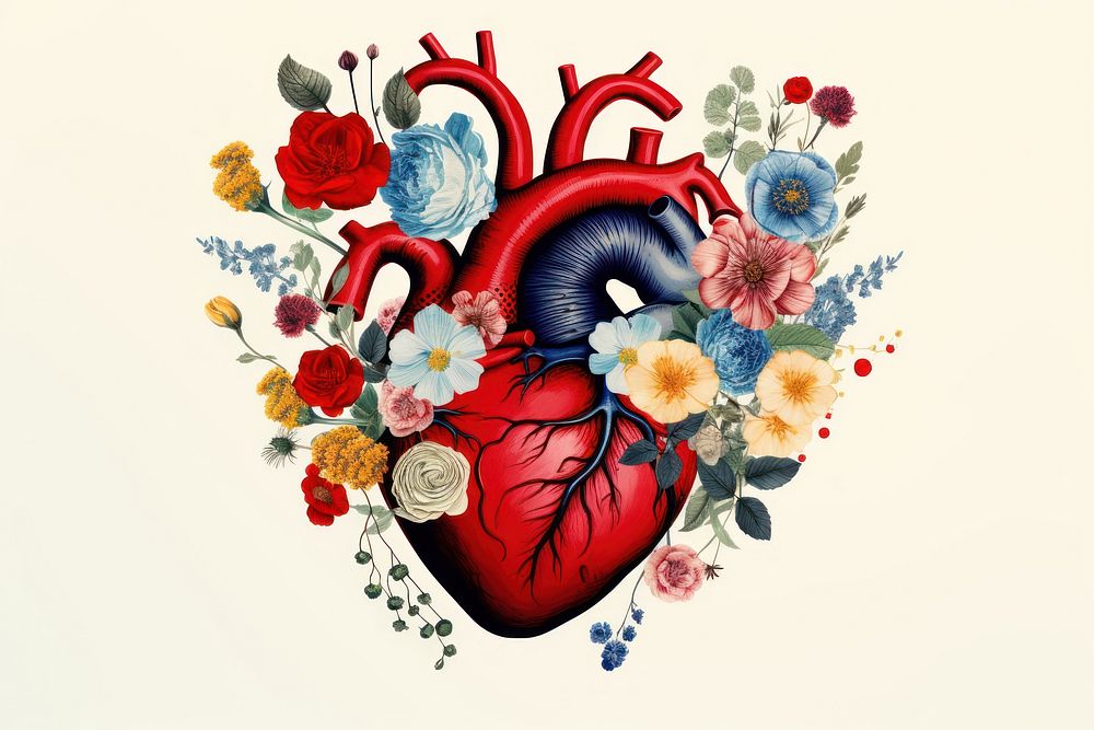 Heart collage photo flowers and half minimal line art pattern antioxidant creativity.