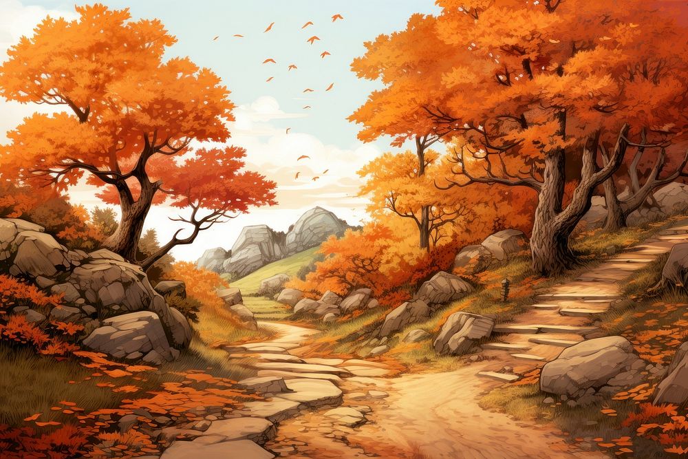 Path in the mountain long autumn trees landscape outdoors painting.
