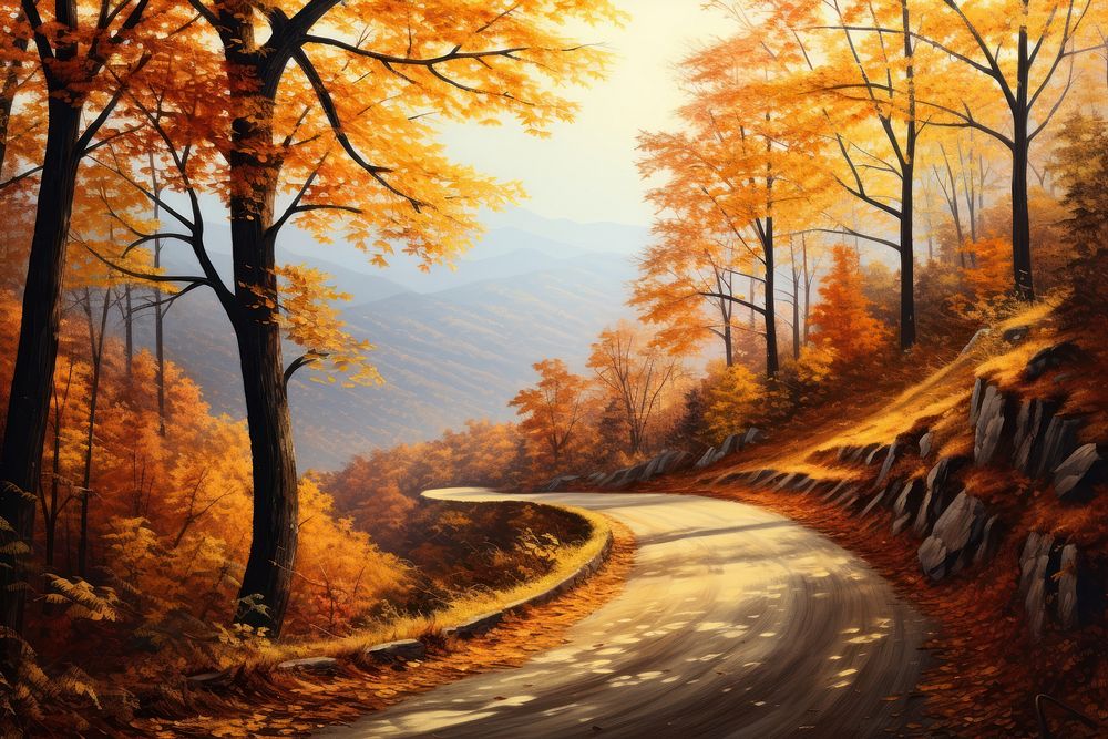 Path in the mountain long autumn trees road landscape outdoors.