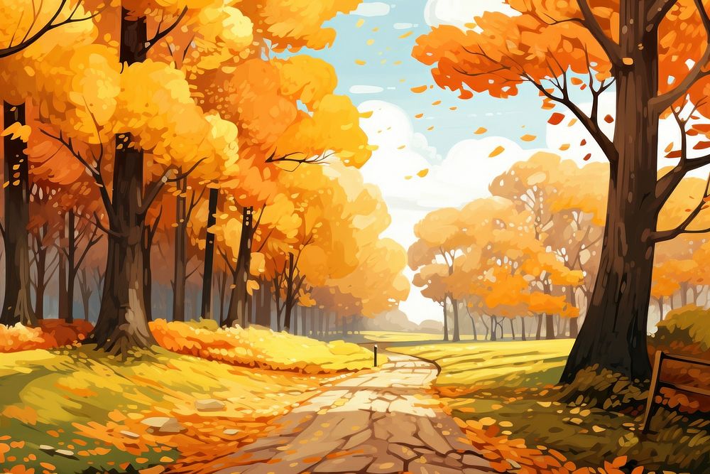 Path in the park long autumn trees landscape outdoors painting.