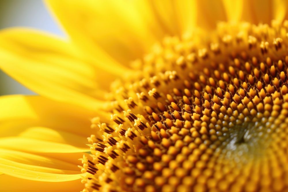 Macro photograph of sunflower pollen petal plant.