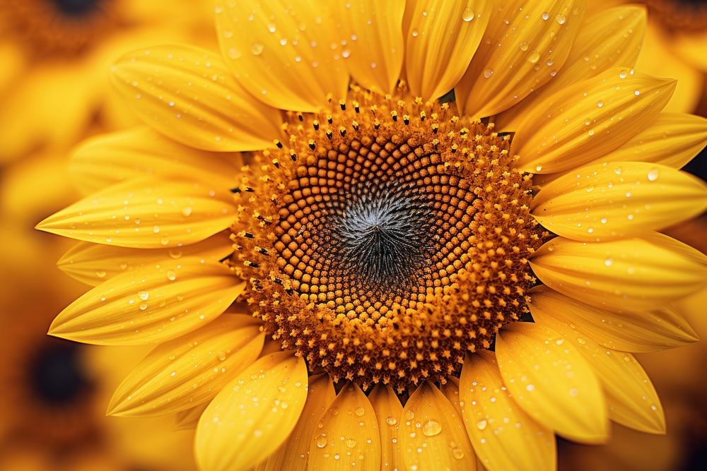 Macro photograph of sunflower petal plant inflorescence.