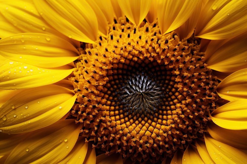 Macro photograph of sunflower petal plant inflorescence.