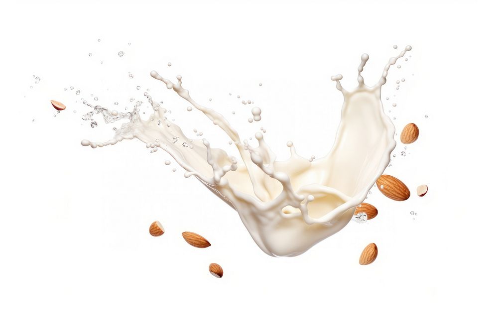 Milk splash with almonds milk white background refreshment.